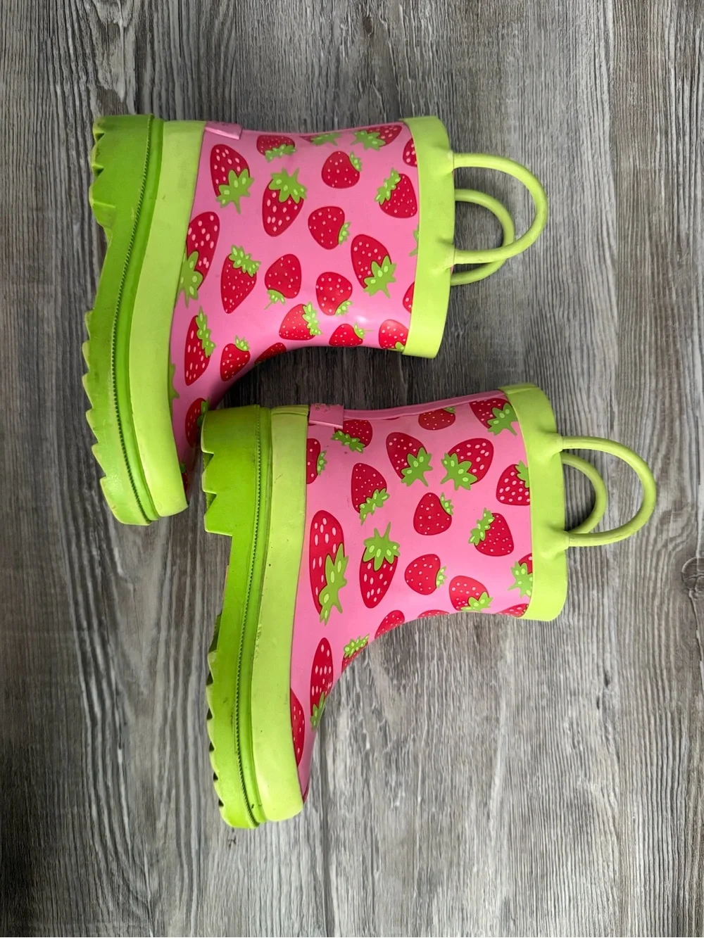 Girls Pink Strawberry Rain Boots with Lime Trim